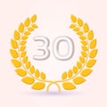 30 years anniversary laurel wreath 3d logo or icon. Jubilee, birthday badge, label design. 30th celebrating emblem. Royalty Free Stock Photo